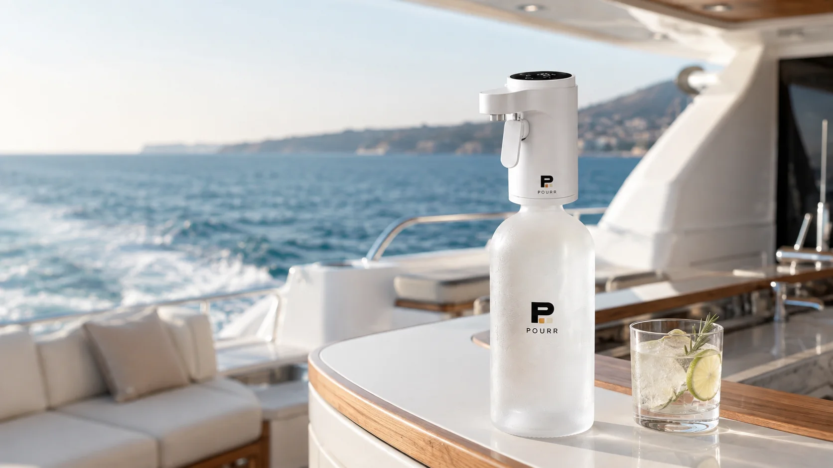 White POURR dispenser and bottle set for service aboard a yacht